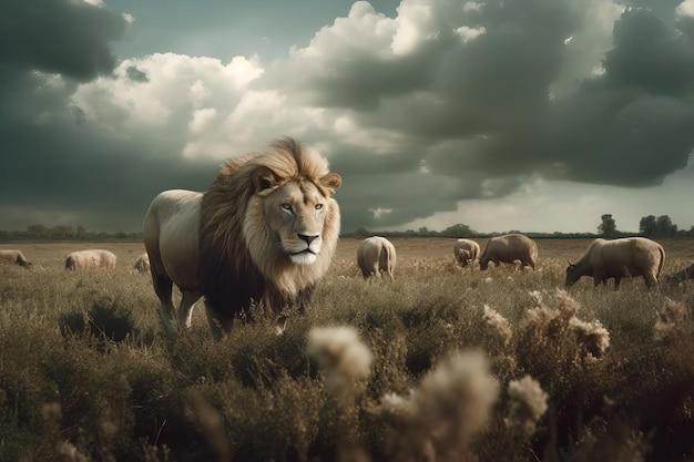 lion with sheep